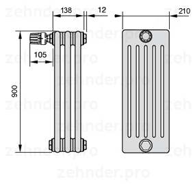 Схема (чертеж) Радиатор Zehnder Charleston 6090/3 №V012 Белый глянцевый RAL 9016